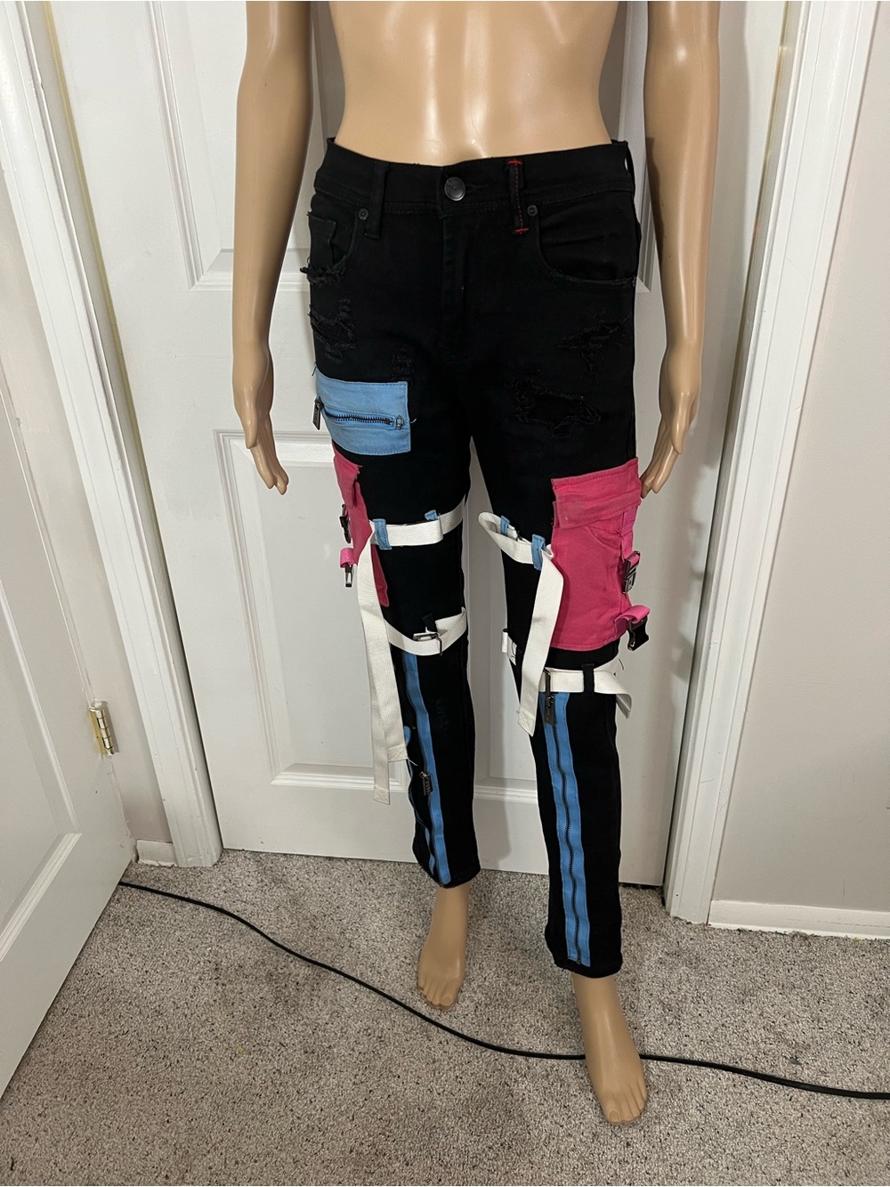 Preme Black Men’s Cargo-Style Jeans with Pink & Blue Accents,Sz.28w/31L